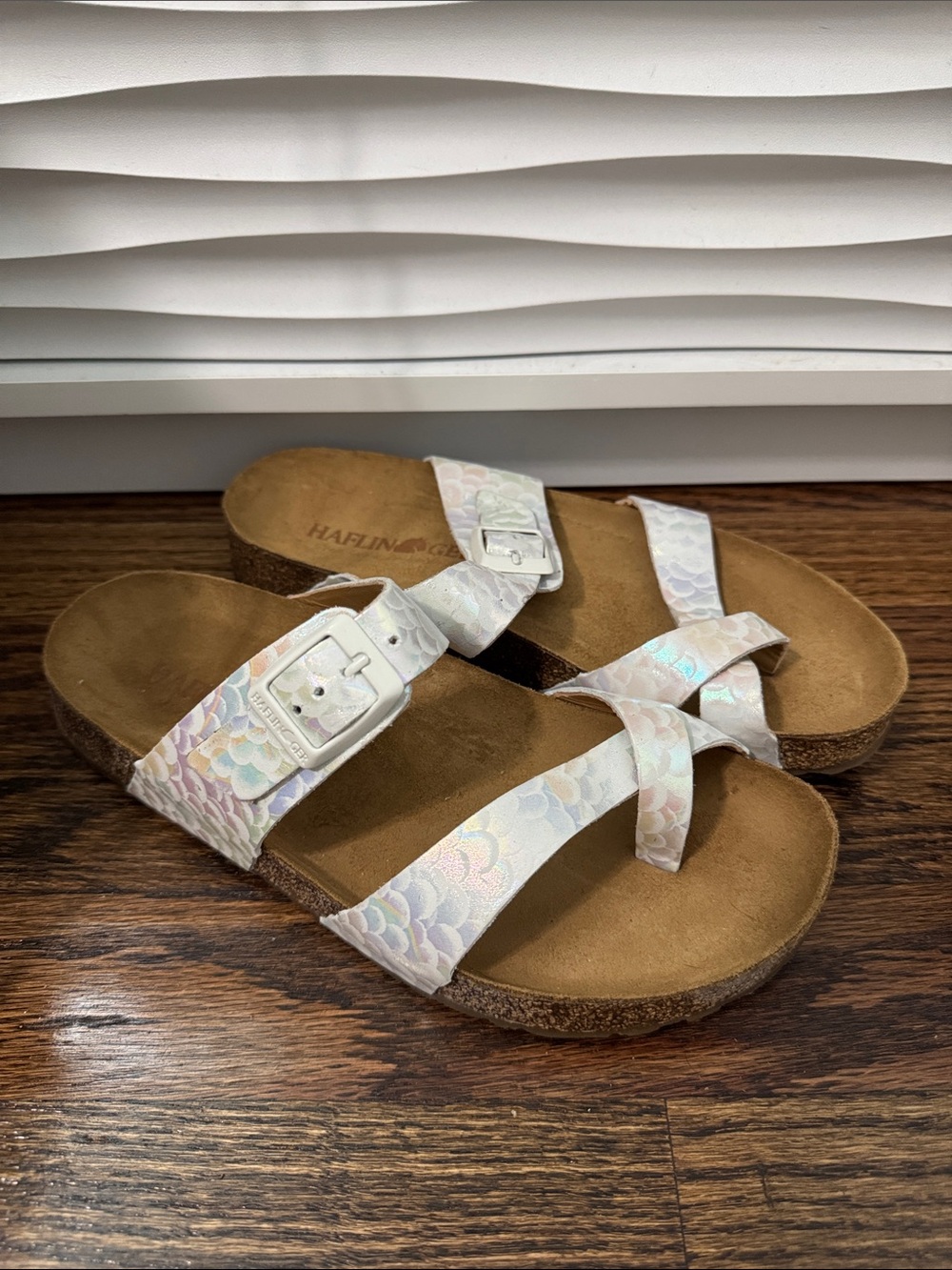 Haflinger Juno Iridescent Mermaid Buckle Slide Cork Sandals